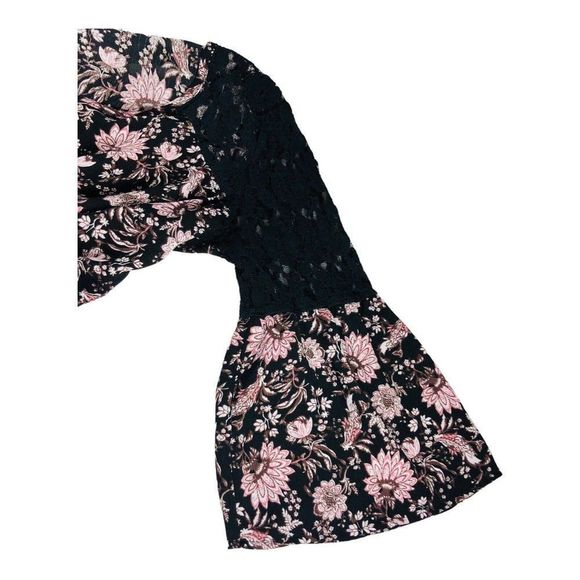 2167 Knox Rose Black Floral Lace Trim Tie Button Front Blouse Top Sz Large - Picture 6 of 10